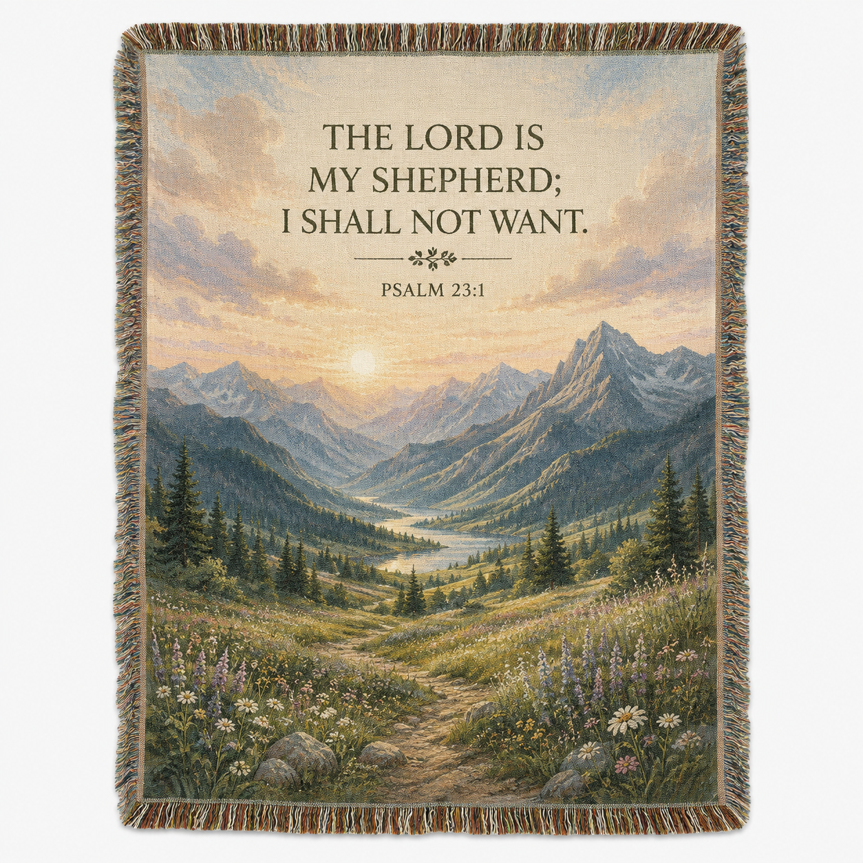 Psalm 23:1 The Lord Is My Shepherd Christian woven blanket with mountain valley artwork