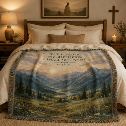 The Lord Is My Shepherd Psalm 23:1 woven blanket styled across a cozy bed