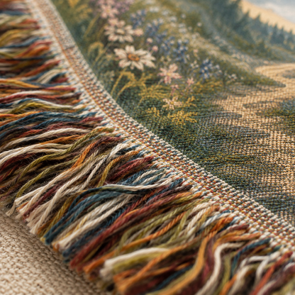 Macro close-up of woven yarn texture and multicolor fringe on Psalm 23:1 blanket