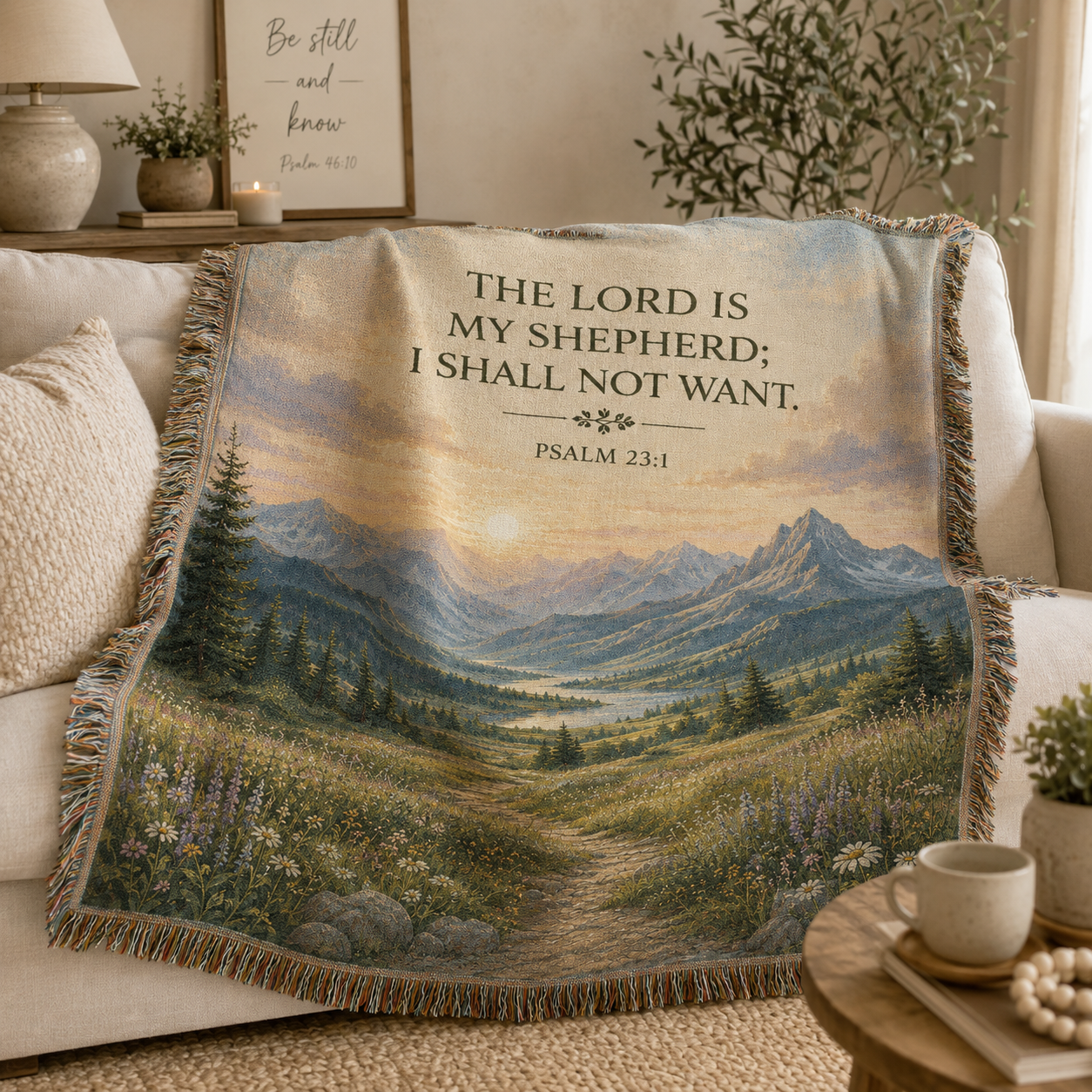 Psalm 23:1 Christian woven blanket softly draped over a neutral sofa