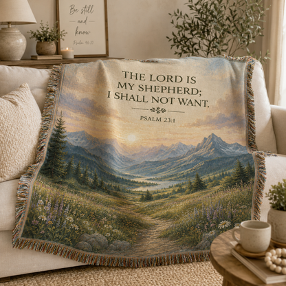Psalm 23:1 Christian woven blanket softly draped over a neutral sofa