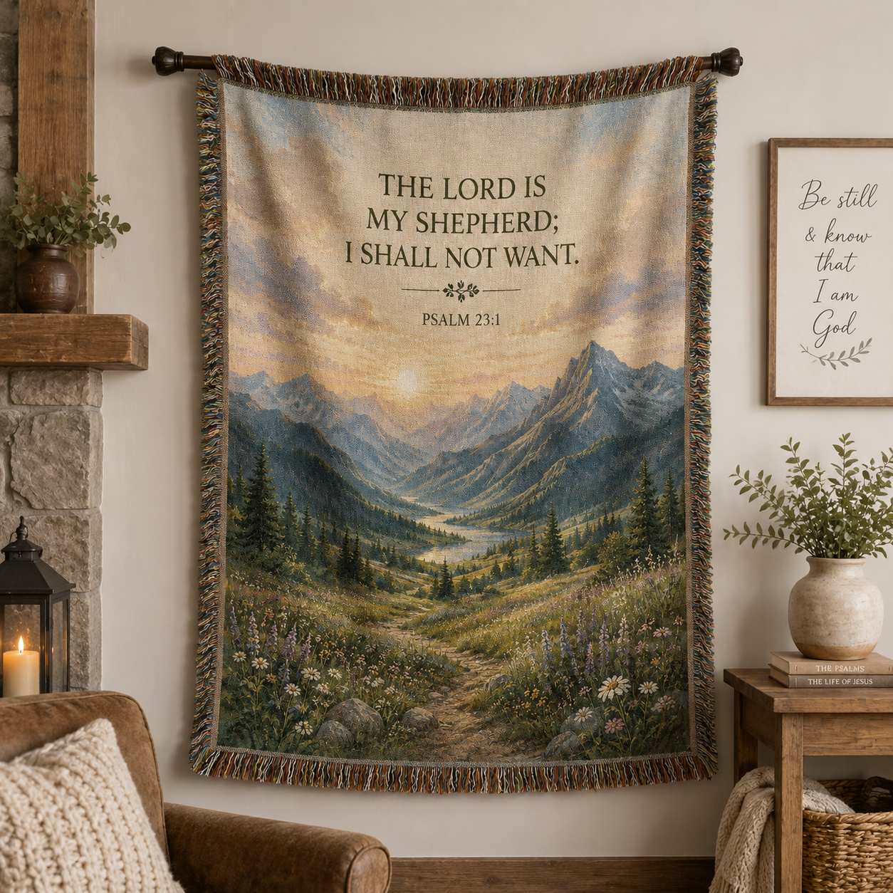Psalm 23:1 The Lord Is My Shepherd woven blanket displayed as Christian wall decor