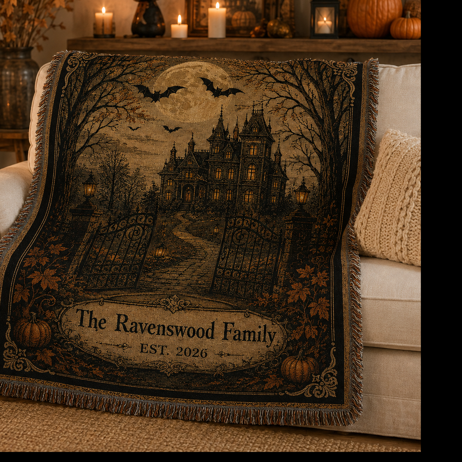 Close-up of the haunted mansion, full moon, bats, trees and wrought iron gate woven artwork