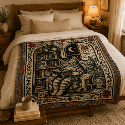 Vintage cat and books woven blanket displayed across a neutral bedroom bed