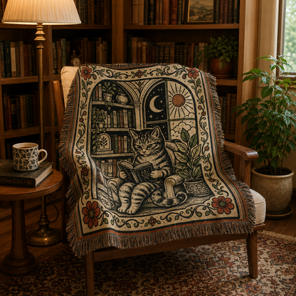 Bookish cat woven throw blanket draped over a wooden chair in a home library