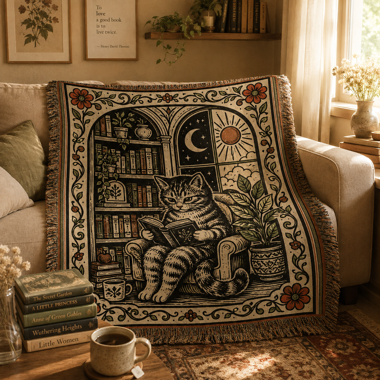 Reading cat woven throw blanket styled on a beige sofa in a cozy book nook