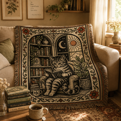 Reading cat woven throw blanket styled on a beige sofa in a cozy book nook