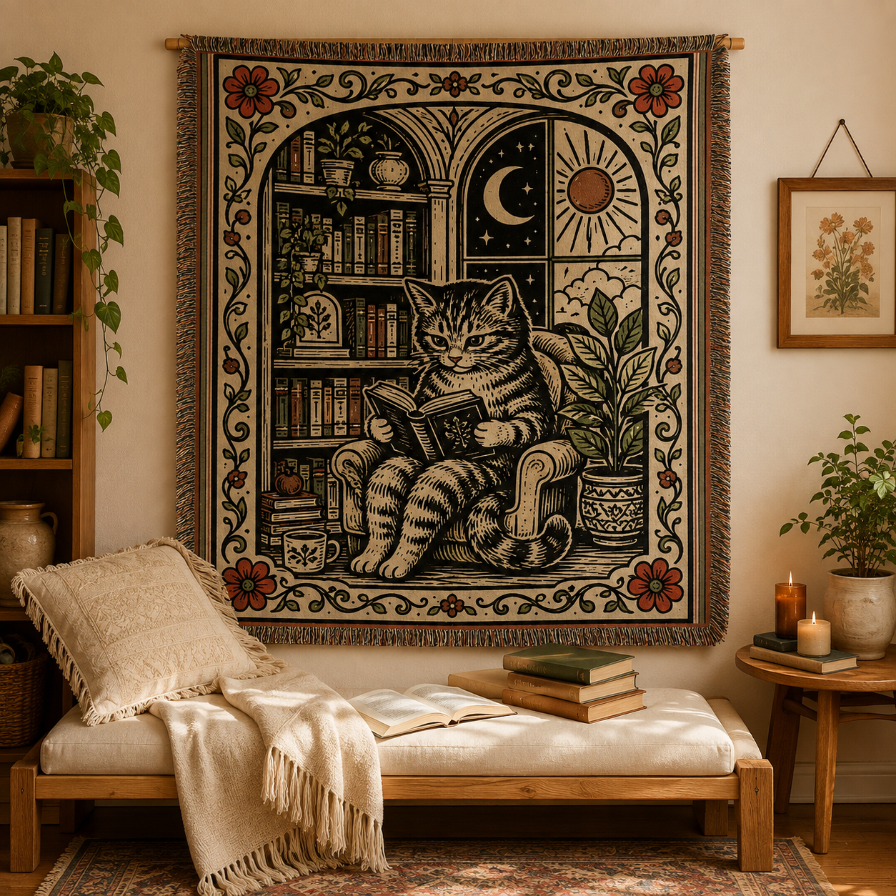 Vintage reading cat woven blanket displayed as wall decor above a cozy bench