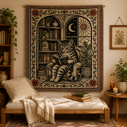 Vintage reading cat woven blanket displayed as wall decor above a cozy bench