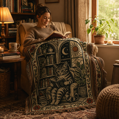 Woman reading while using a vintage cat and books woven throw blanket