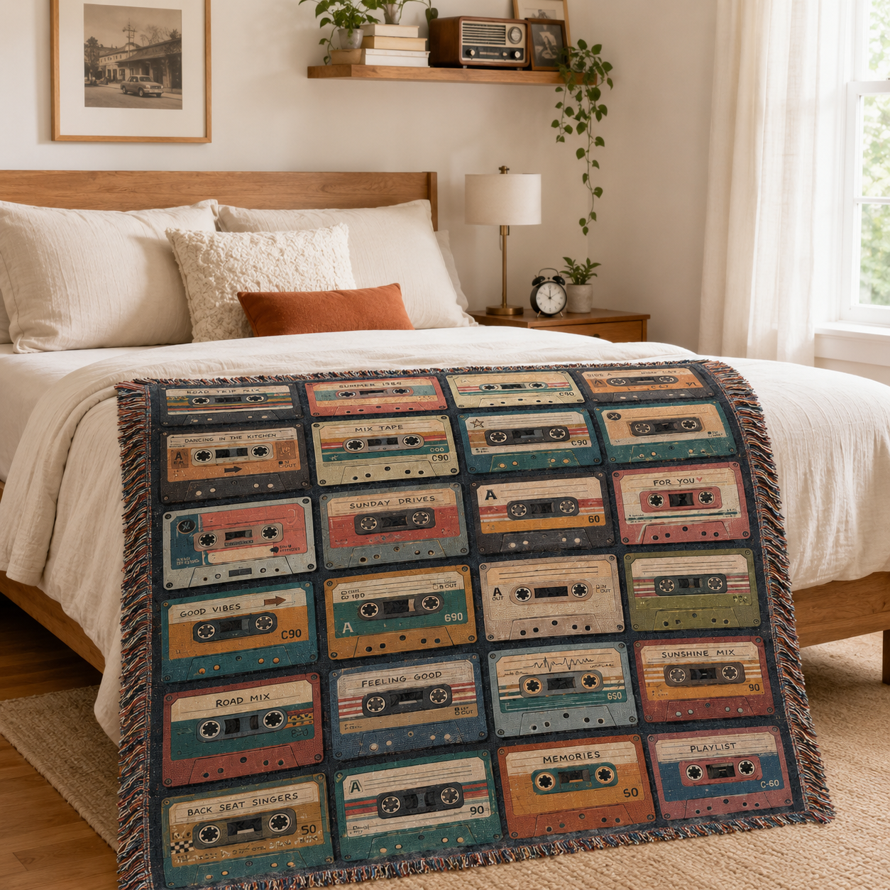 Retro cassette tape woven blanket styled across the foot of a cozy bedroom bed