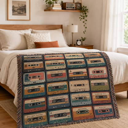 Retro cassette tape woven blanket styled across the foot of a cozy bedroom bed