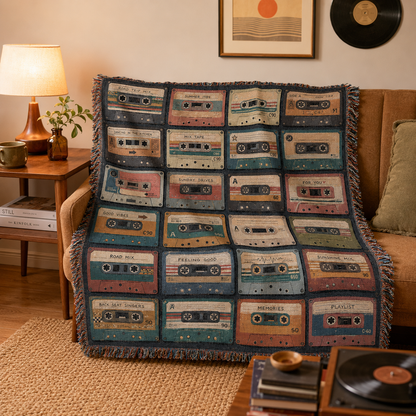 Retro cassette mixtape woven blanket draped over a sofa in a warm music-themed living room