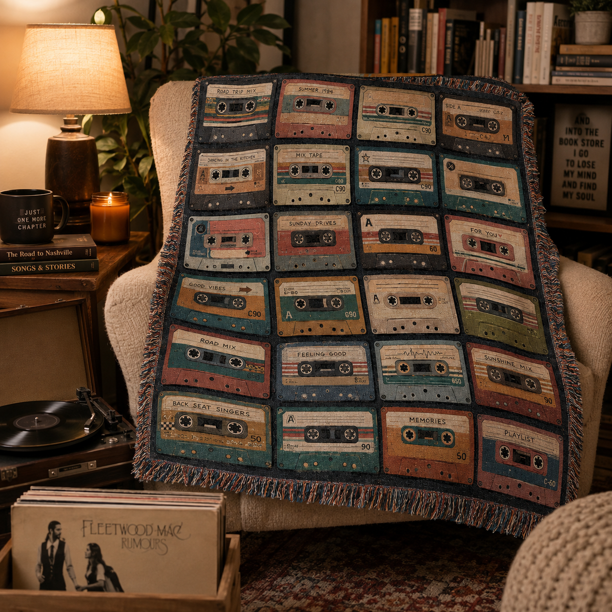 Retro cassette mixtape woven blanket draped over an armchair beside a record player and books