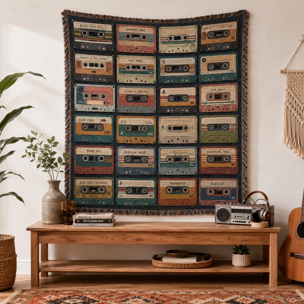 Retro cassette tape woven blanket displayed as wall tapestry above a wooden console