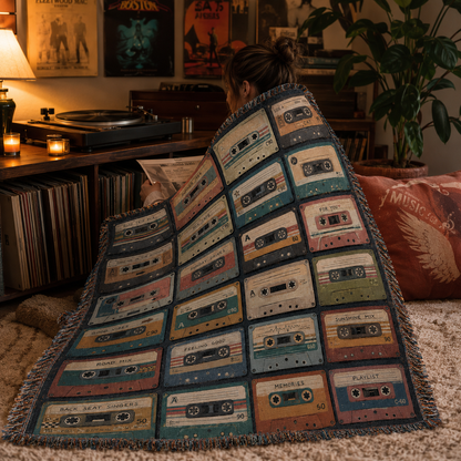 Person wrapped in a retro cassette tape woven blanket in a cozy vinyl listening room