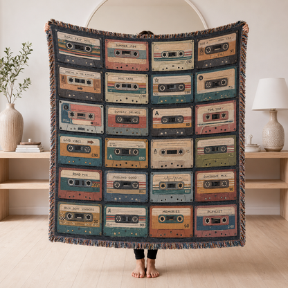 Retro cassette mixtape woven blanket with colorful vintage tape collage and fringe