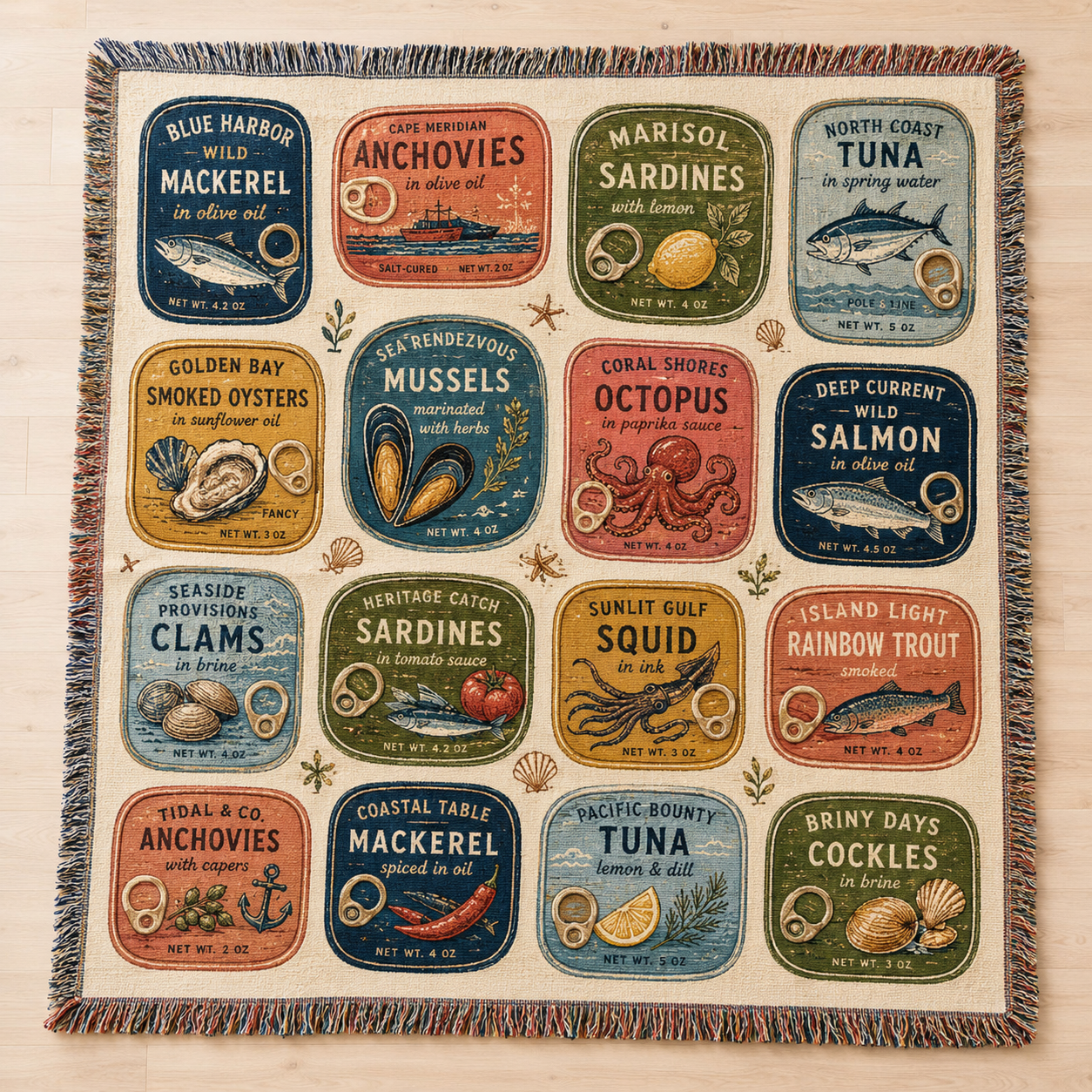 Retro seafood label woven blanket with colorful vintage coastal tins