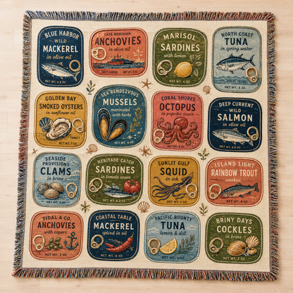 Retro seafood label woven blanket with colorful vintage coastal tins