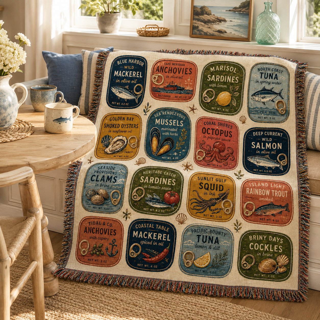Retro seafood label woven blanket in a sunny coastal breakfast nook