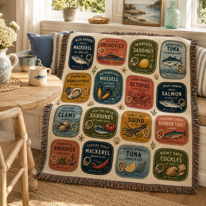 Retro seafood label woven blanket in a sunny coastal breakfast nook