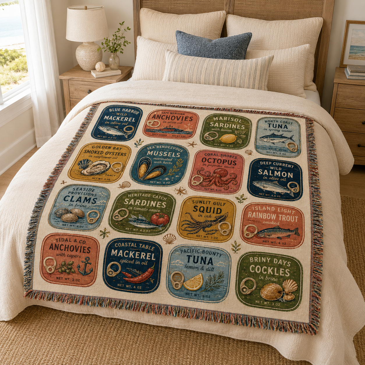 Retro canned seafood woven blanket displayed on a bright coastal bedroom bed