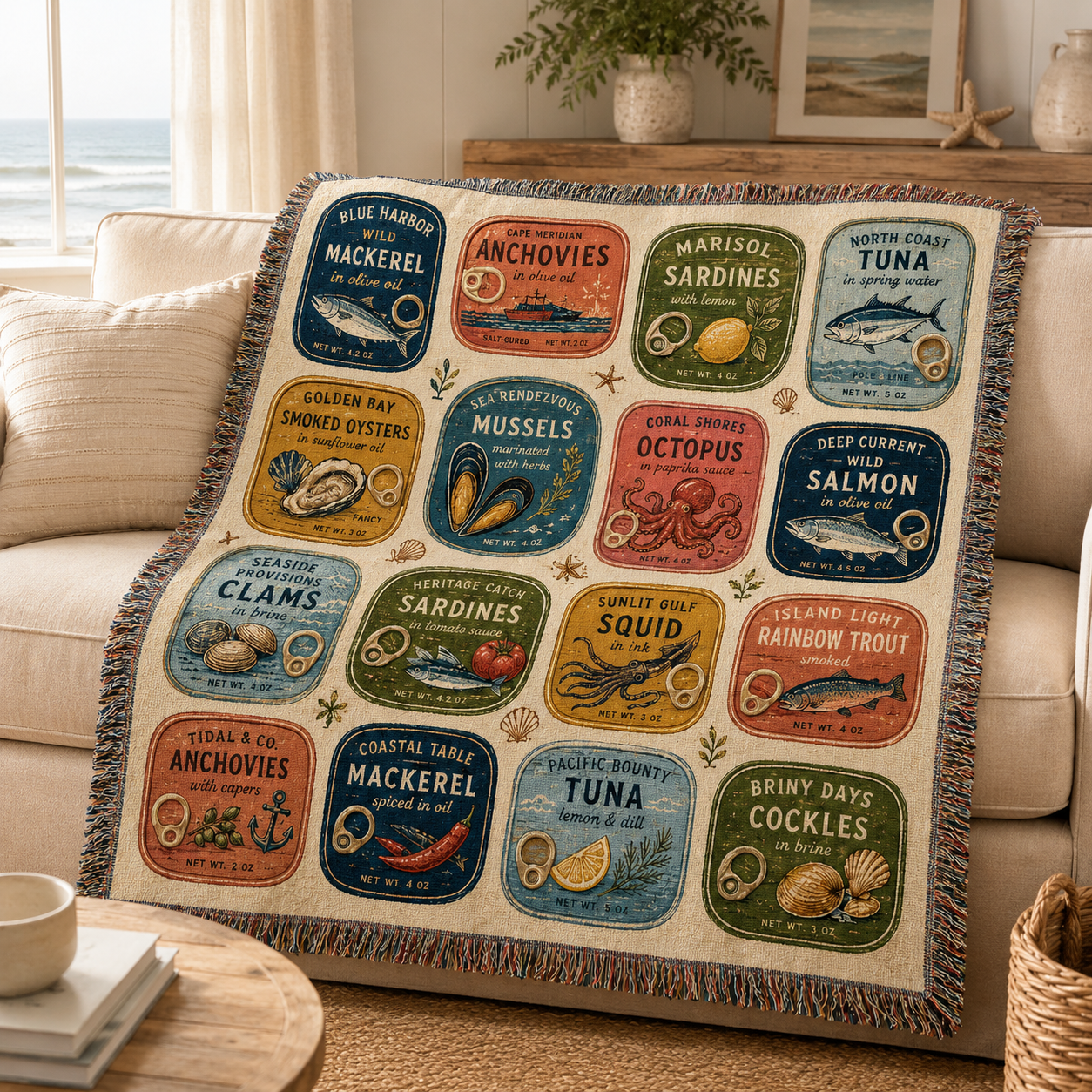Retro seafood label woven blanket styled on a coastal living room sofa