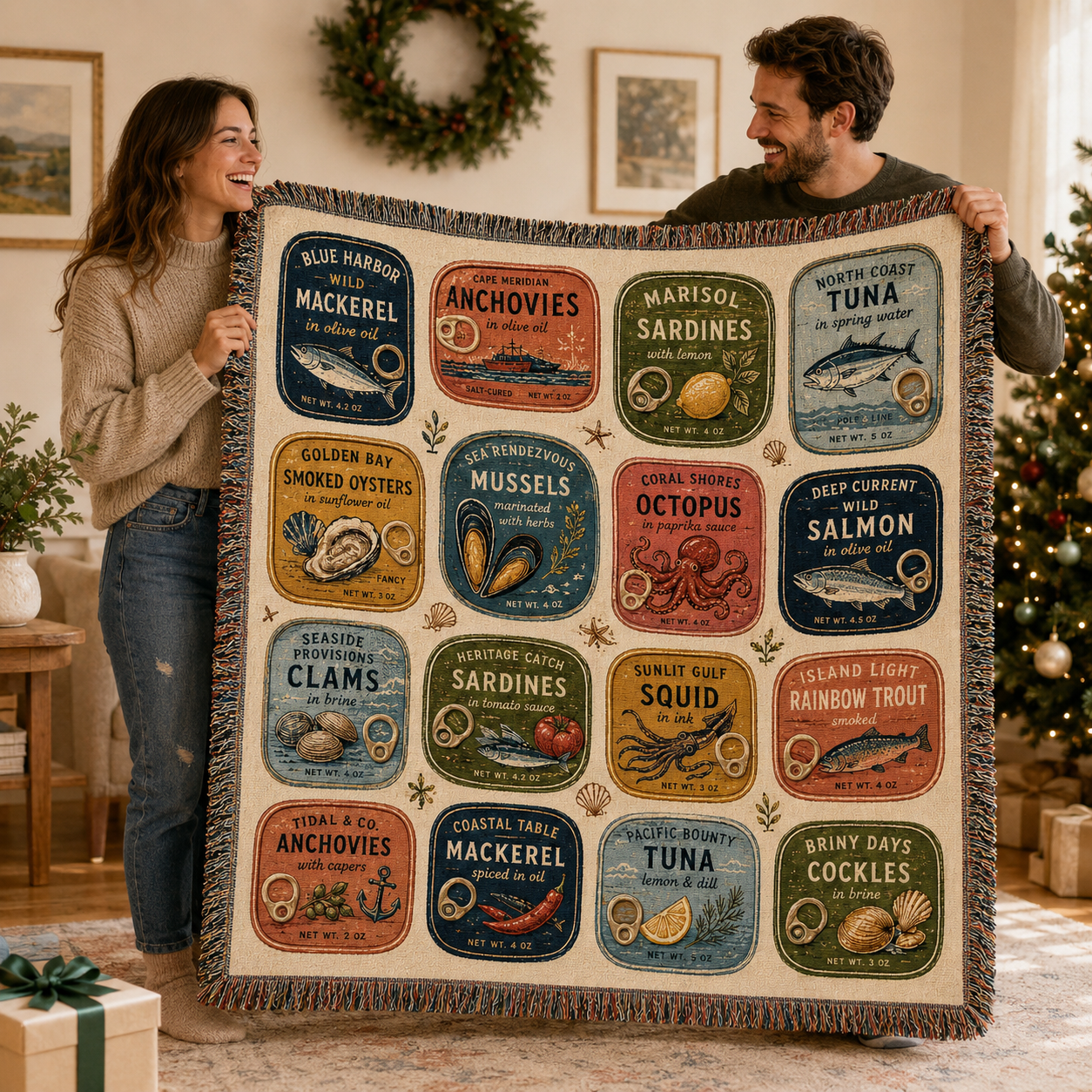 Couple holding a retro seafood label woven blanket as a coastal gift