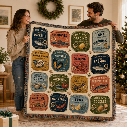 Couple holding a retro seafood label woven blanket as a coastal gift