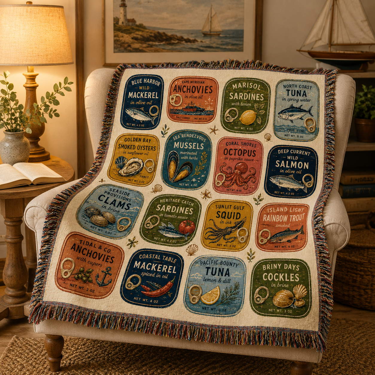 Retro seafood label woven blanket draped over a coastal reading chair