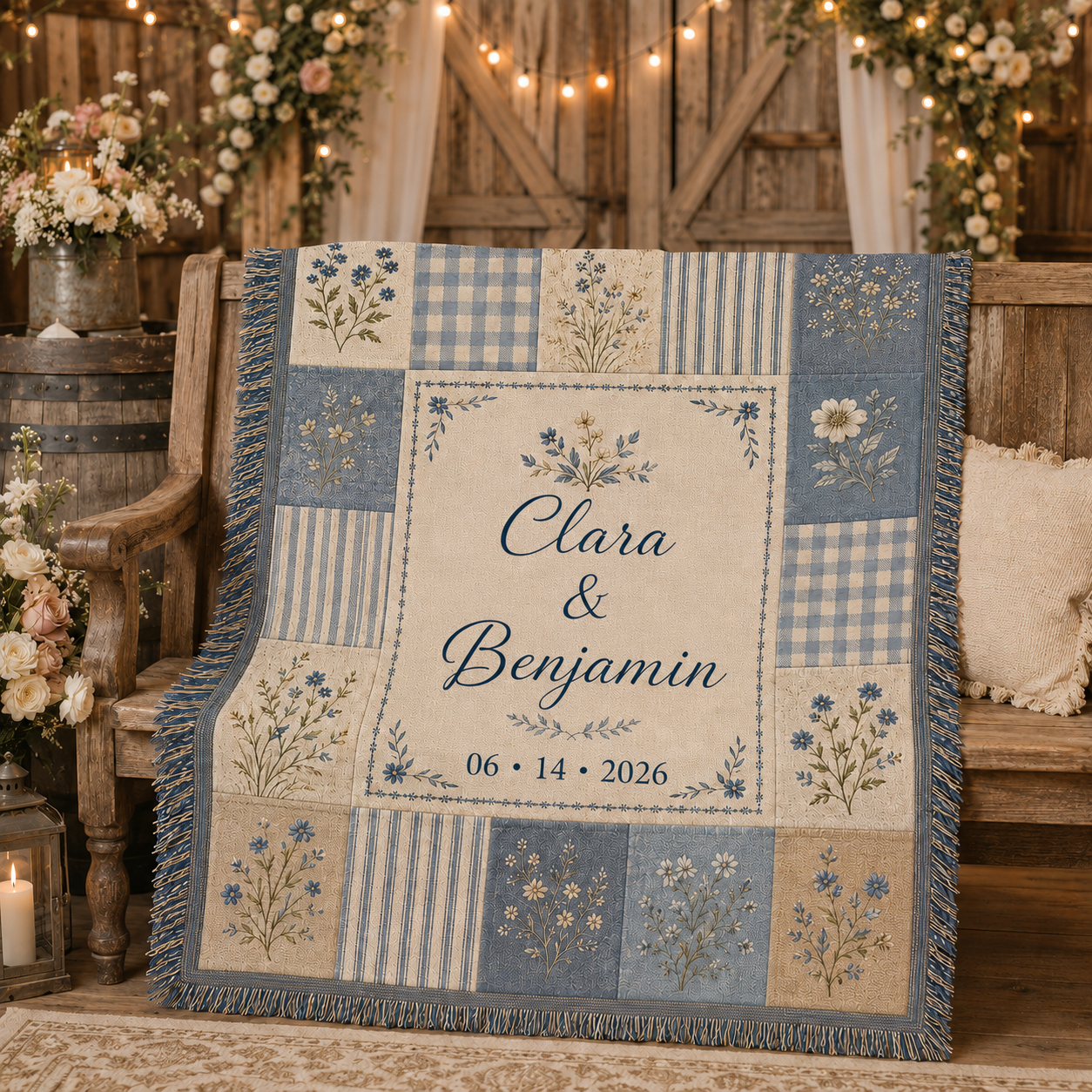 Personalized blue patchwork woven blanket at a rustic barn wedding venue