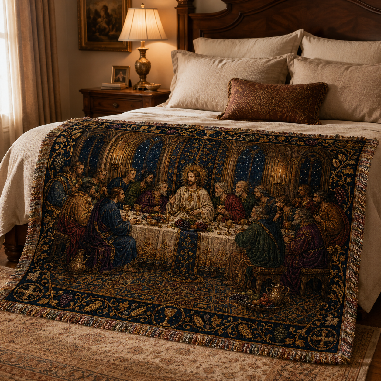 Sacred supper woven blanket styled on a classic bedroom bed