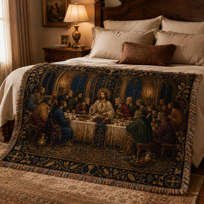 Sacred supper woven blanket styled on a classic bedroom bed