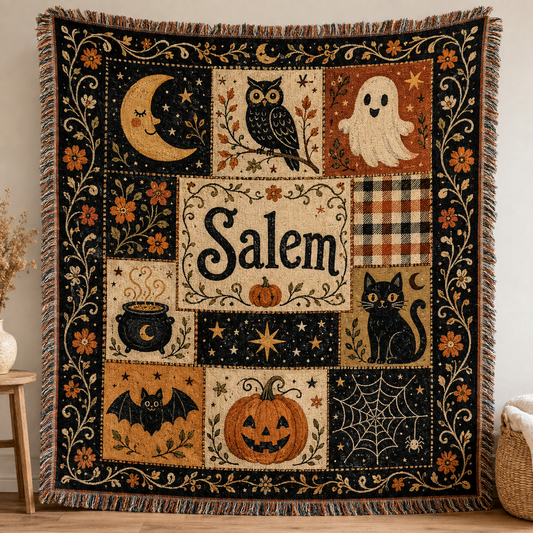 Salem Halloween patchwork woven blanket with black cat ghost owl moon pumpkin cauldron and fringe