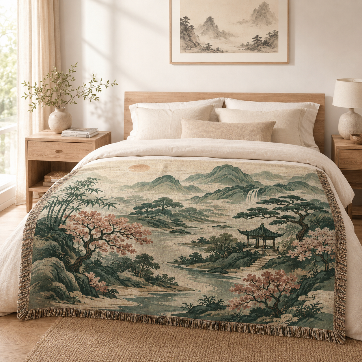 Serene mountain and cherry blossom woven blanket displayed on a minimalist bedroom bed