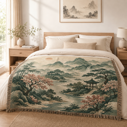 Serene mountain and cherry blossom woven blanket displayed on a minimalist bedroom bed