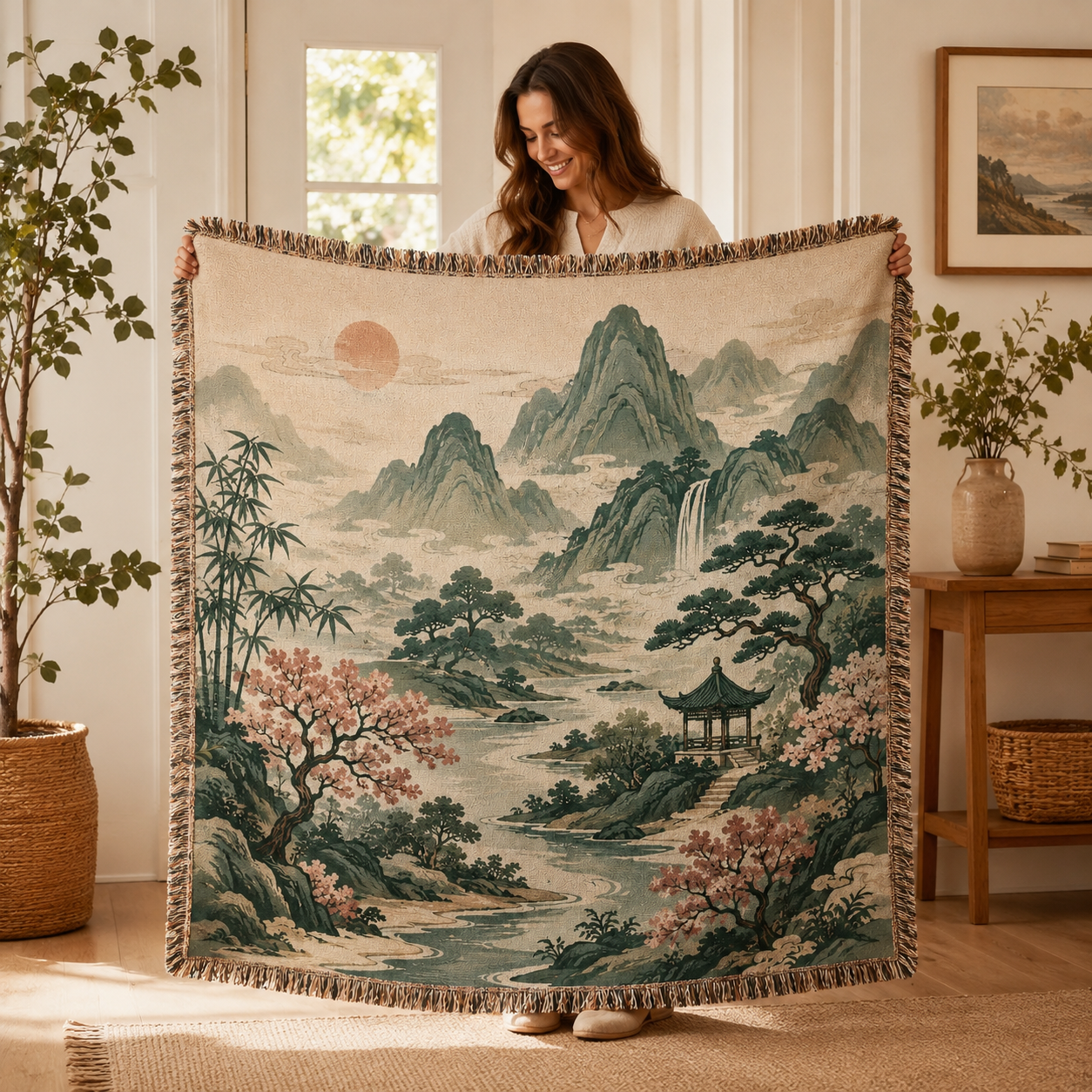 Woman holding a serene mountain garden woven blanket with cherry blossoms and pavilion