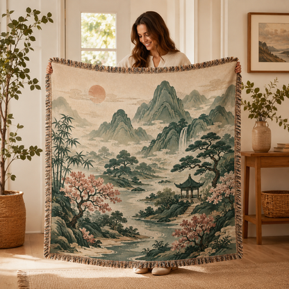 Woman holding a serene mountain garden woven blanket with cherry blossoms and pavilion