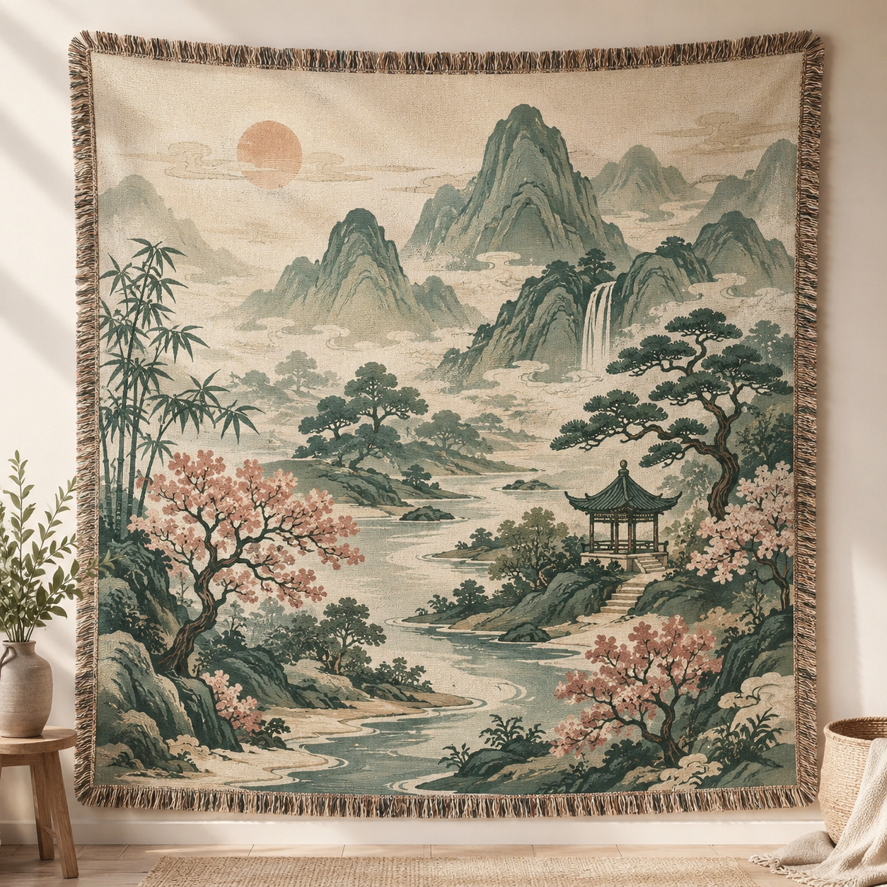 Serene East Asian mountain garden woven blanket with waterfall, pavilion and fringe