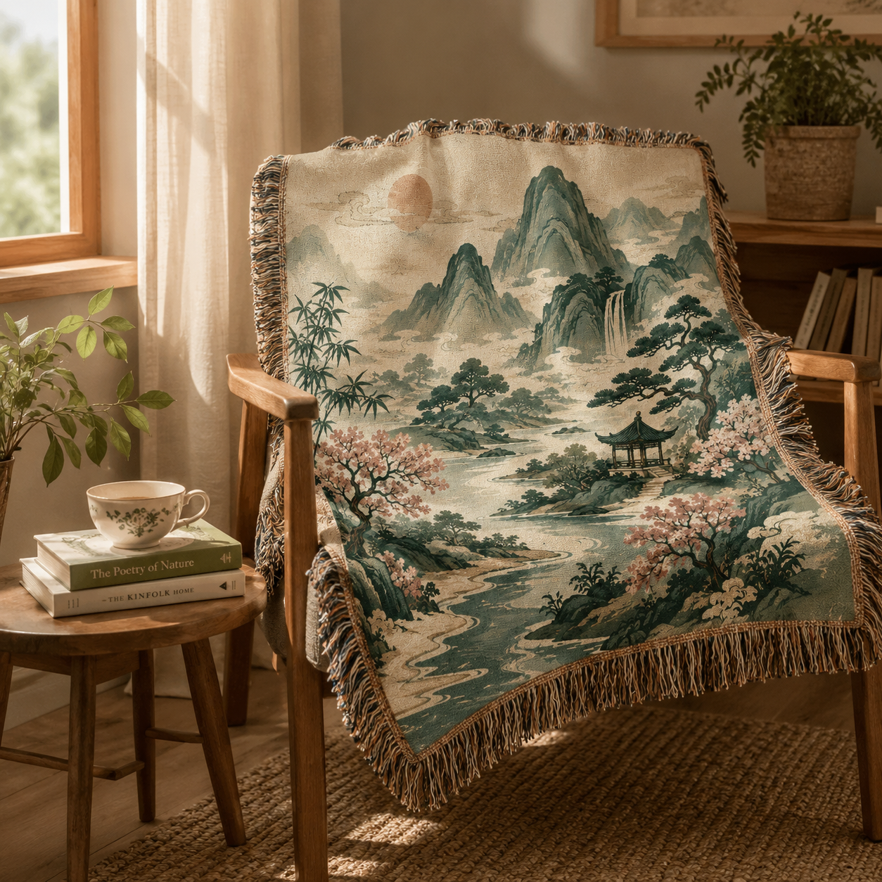 Mountain landscape woven blanket draped over a wooden reading chair with fringe