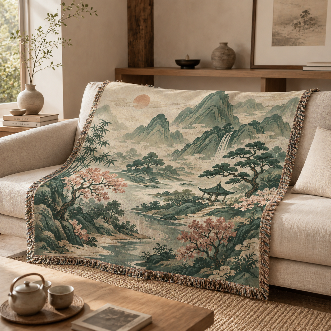 East Asian mountain landscape woven blanket styled on a neutral living room sofa