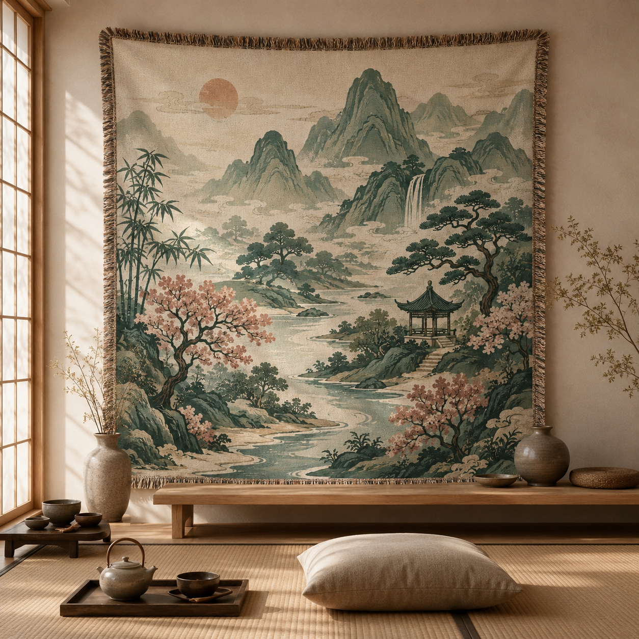 East Asian mountain woven tapestry displayed in a warm minimalist meditation room