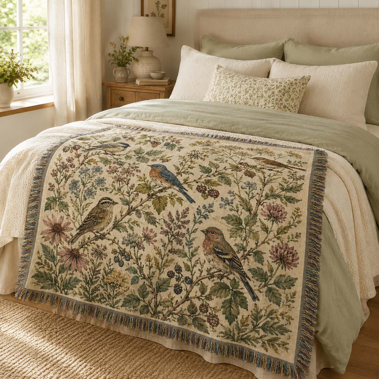 Botanical songbird woven blanket displayed across a cozy cottage bedroom bed