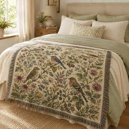 Botanical songbird woven blanket displayed across a cozy cottage bedroom bed