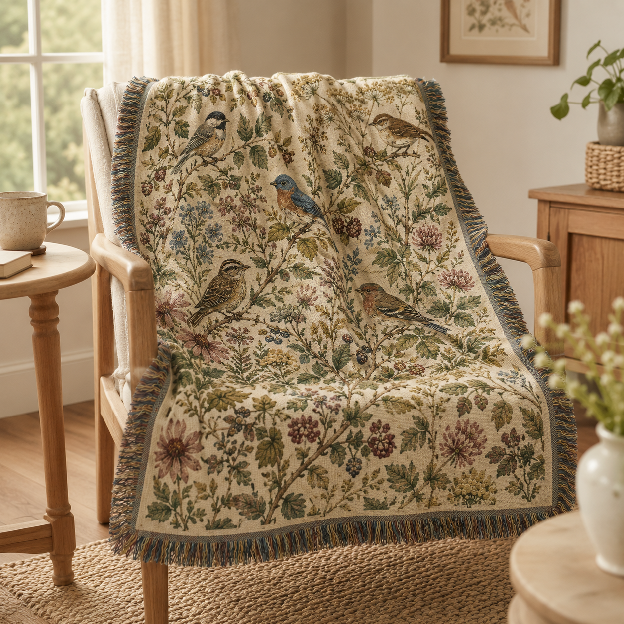 Songbird garden woven blanket styled on a wooden chair in a bright cottage room