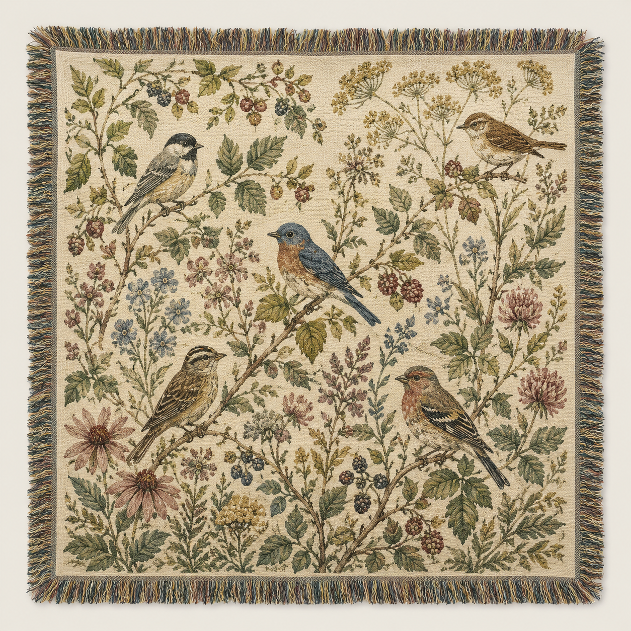 Songbird garden woven blanket with wildflowers, berries and multicolor fringe