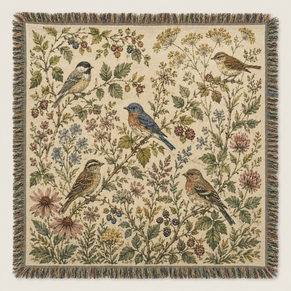 Songbird garden woven blanket with wildflowers, berries and multicolor fringe