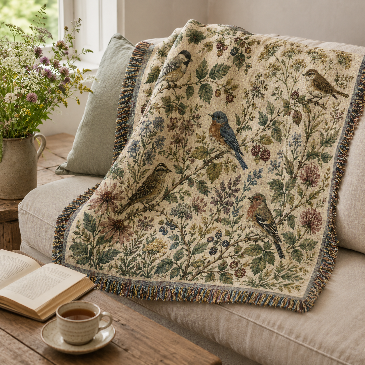 Songbird and wildflower woven blanket styled on a neutral sofa with a book and tea
