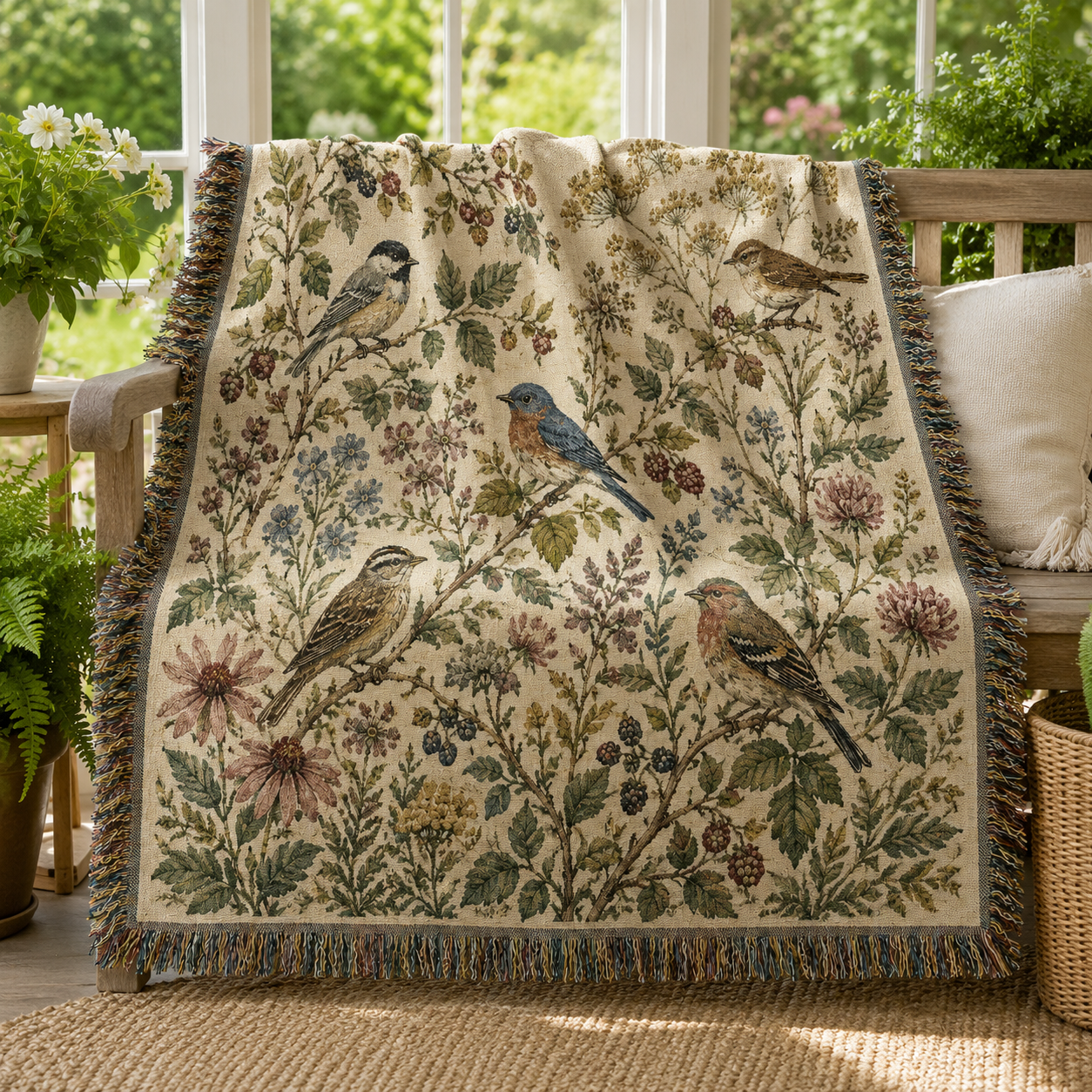 Songbird garden woven blanket displayed on a bench in a sunlit garden room