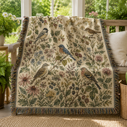 Songbird garden woven blanket displayed on a bench in a sunlit garden room